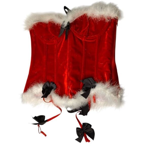 Santa Baby Red Velvet Christmas Holiday Corset with Faux Fur Trim & Bows, OS - Picture 2 of 7